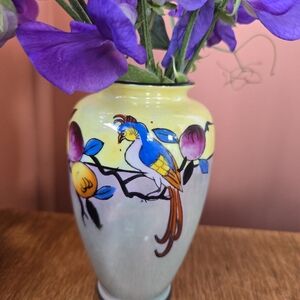 Vintage Japanese Hand-Painted Vase with Parrot Lustreware Design